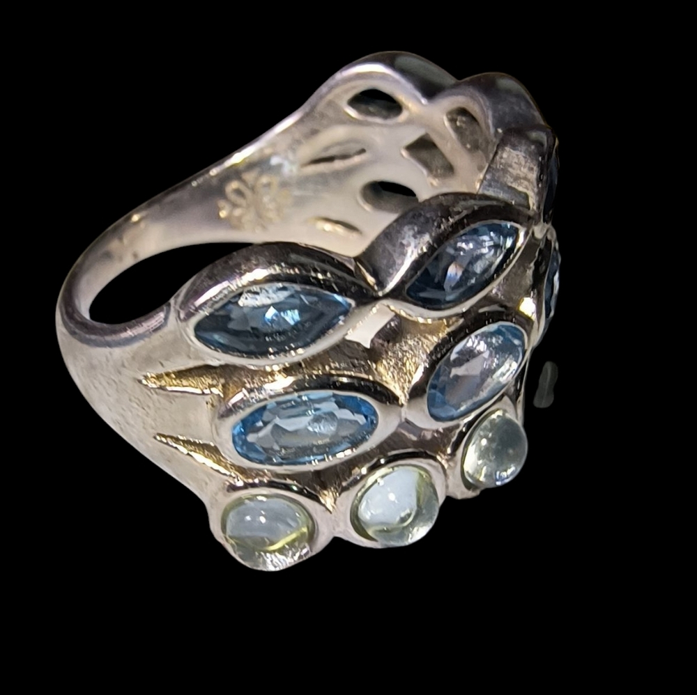 Three Row Mixed Blue Topaz Ring In Sterling Silver - Picture 3 of 11